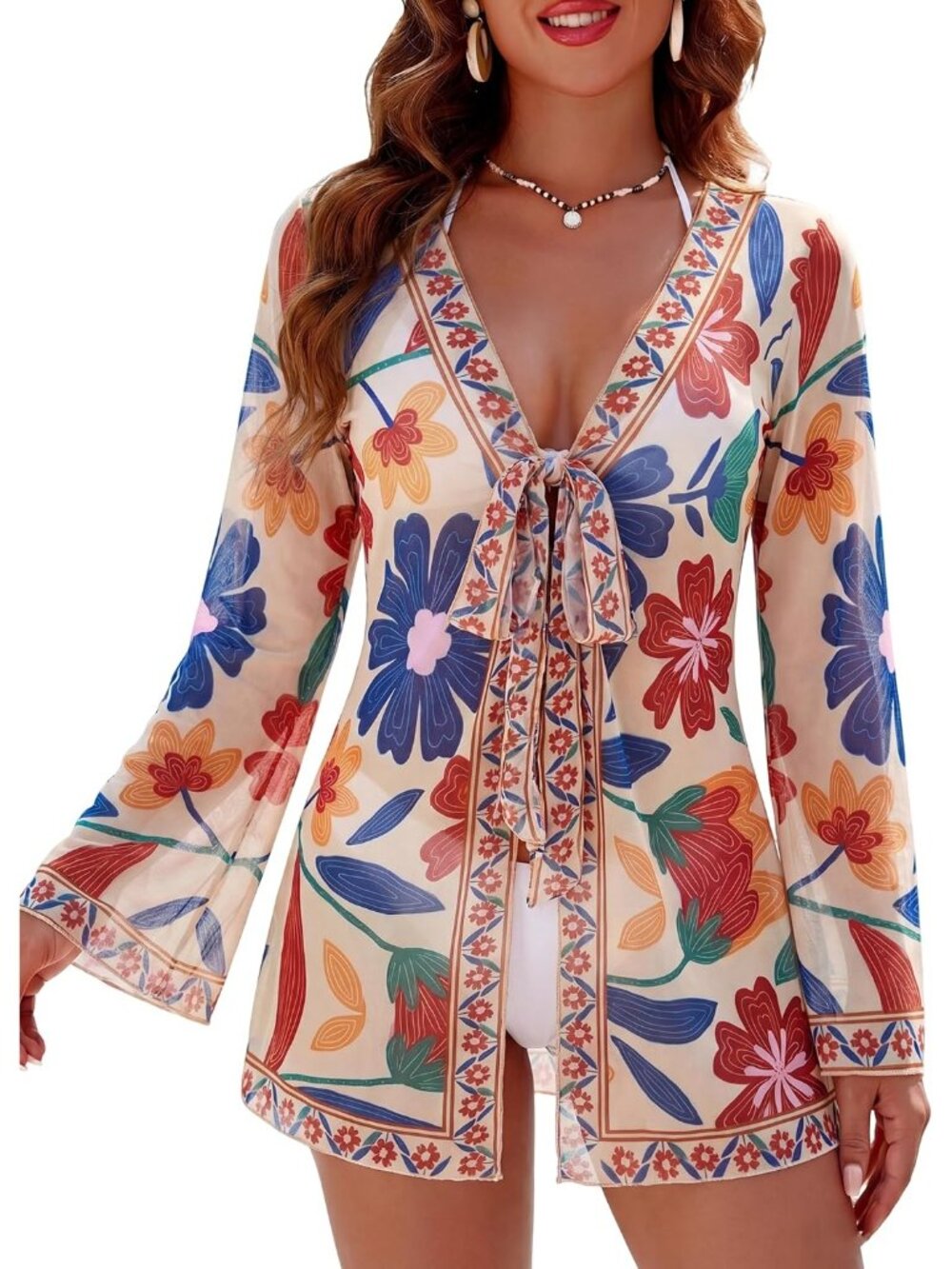 Womens Tropical Print V Neck Bathing Suit Mesh Floral Hawaiian Swimwear Cover Up - Picture 1 of 6